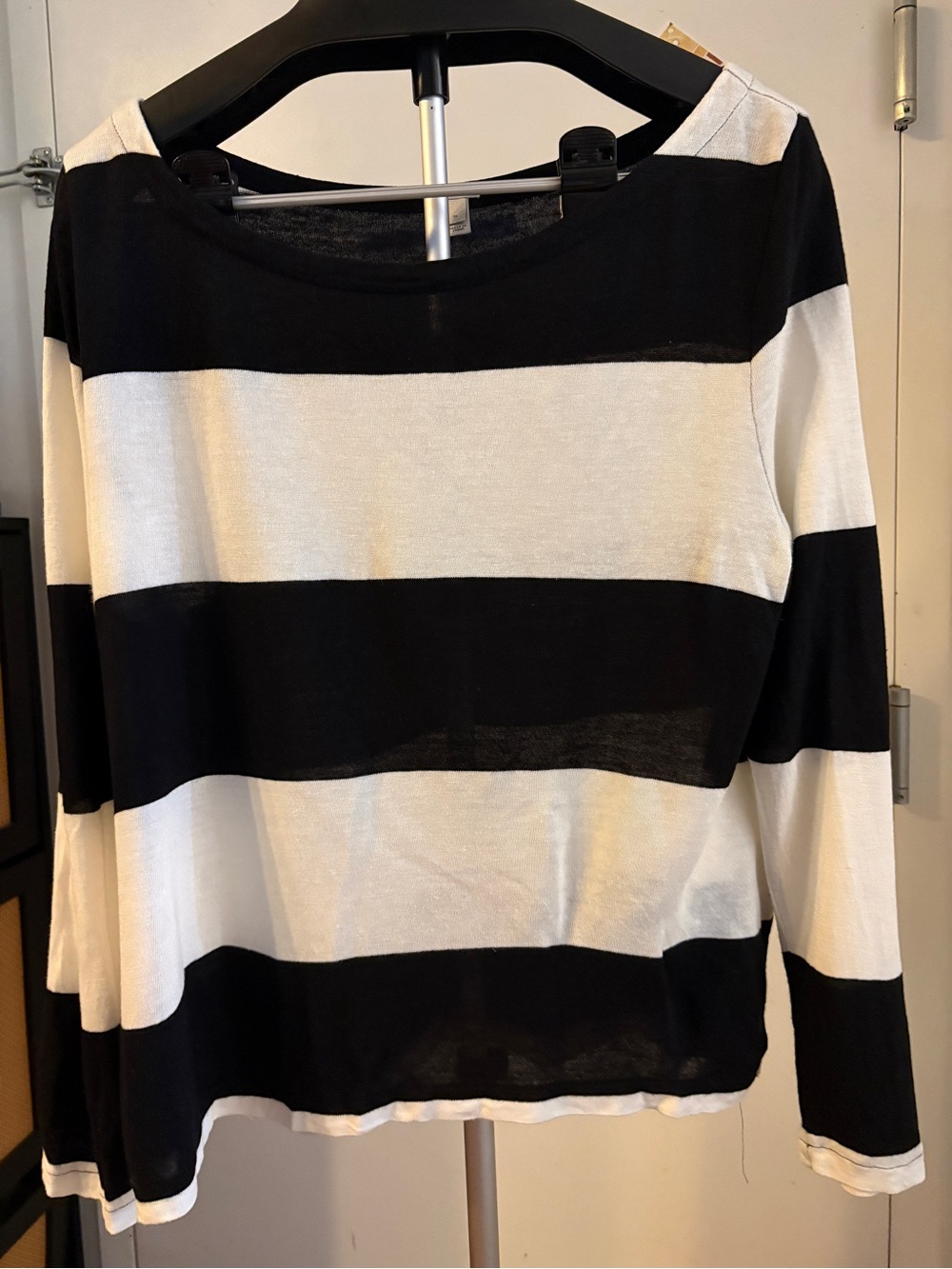 J.Crew Black & Cream Striped Boatneck Long Sleeve Top